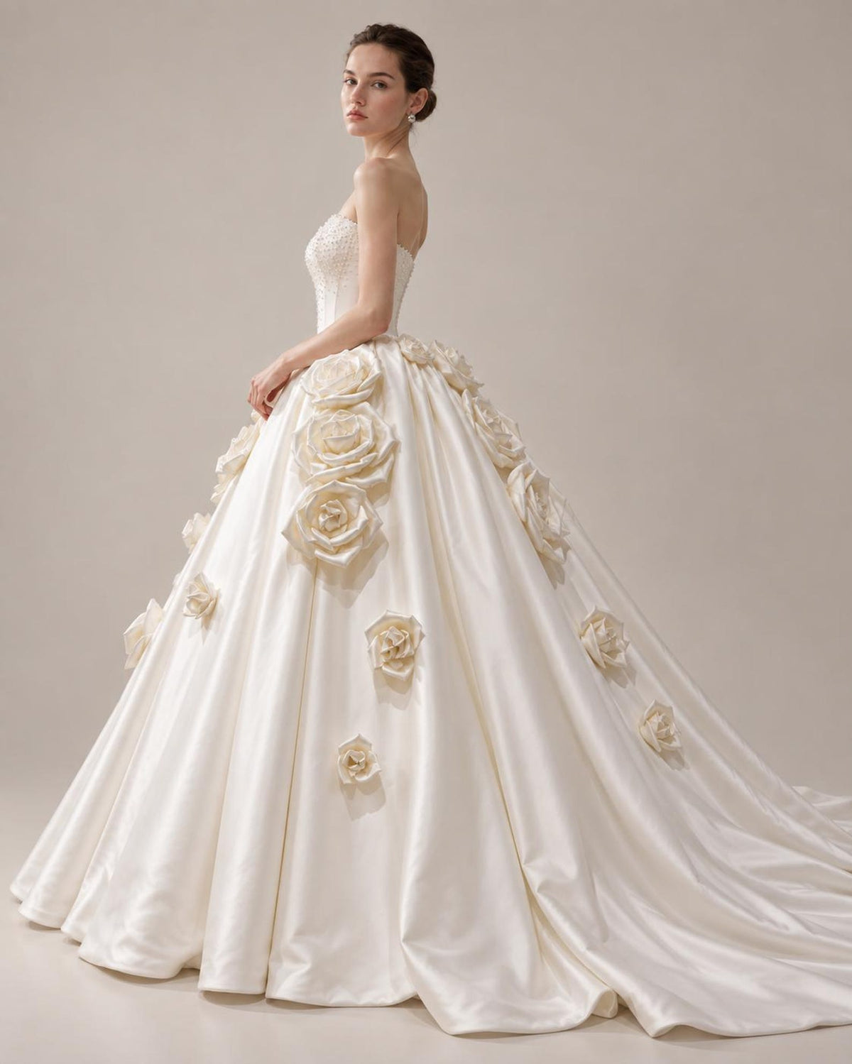 Strapless Beaded Satin Ball Gown Wedding Dress, 3D Large Satin Rose Floral Voluminous Bridal Gown