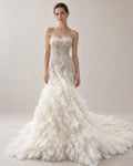Strapless Sheer Beaded Lace Mermaid Wedding Gown, Ruffled Tulle Fitted Bridal Dress