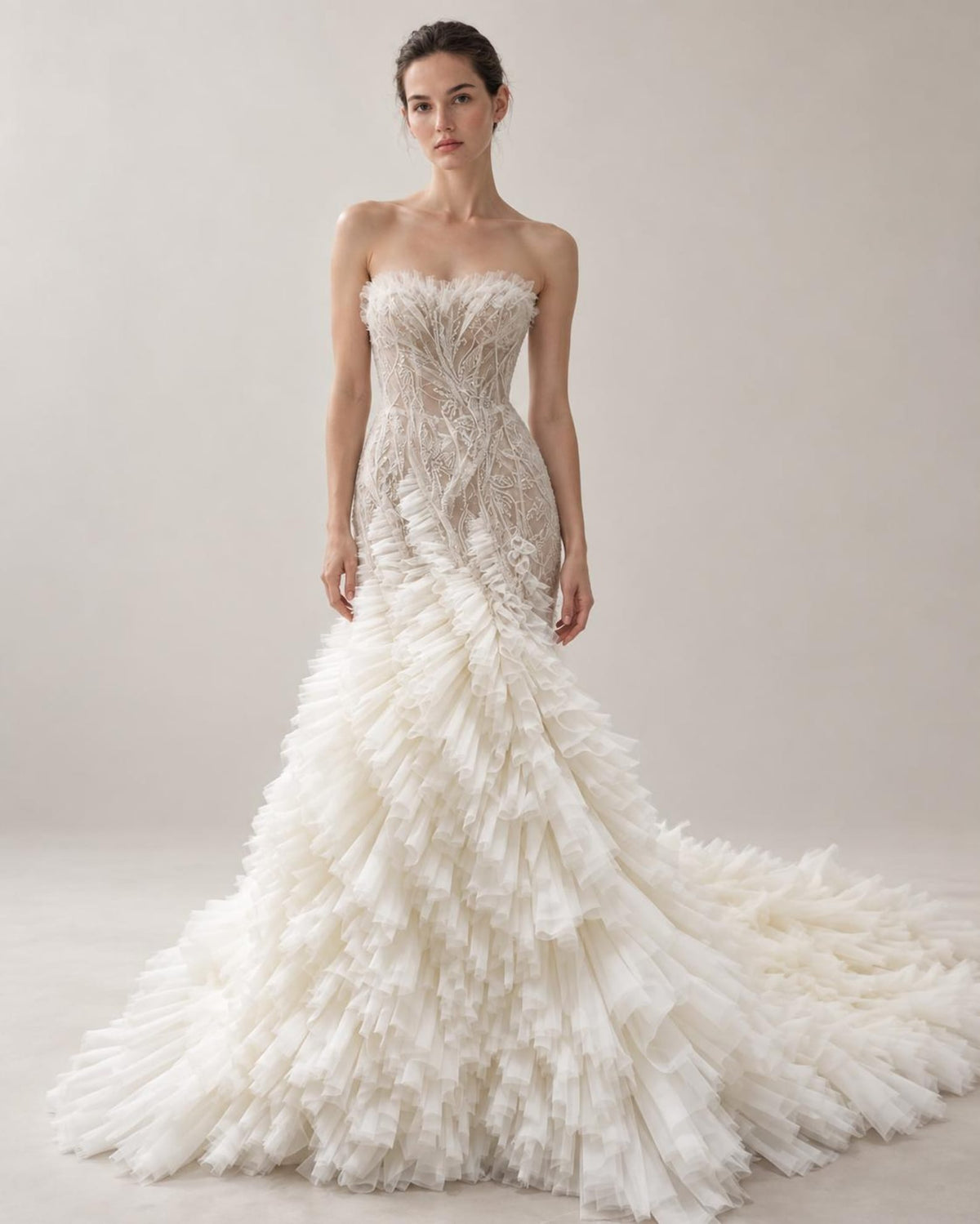 Strapless Sheer Beaded Lace Mermaid Wedding Gown, Ruffled Tulle Fitted Bridal Dress