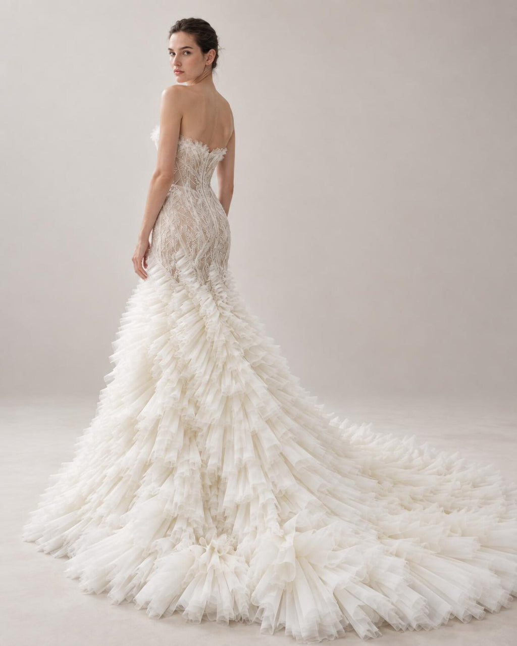 Strapless Sheer Beaded Lace Mermaid Wedding Gown, Ruffled Tulle Fitted Bridal Dress