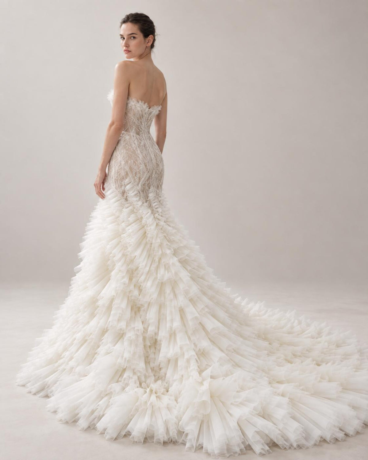 Strapless Sheer Beaded Lace Mermaid Wedding Gown, Ruffled Tulle Fitted Bridal Dress