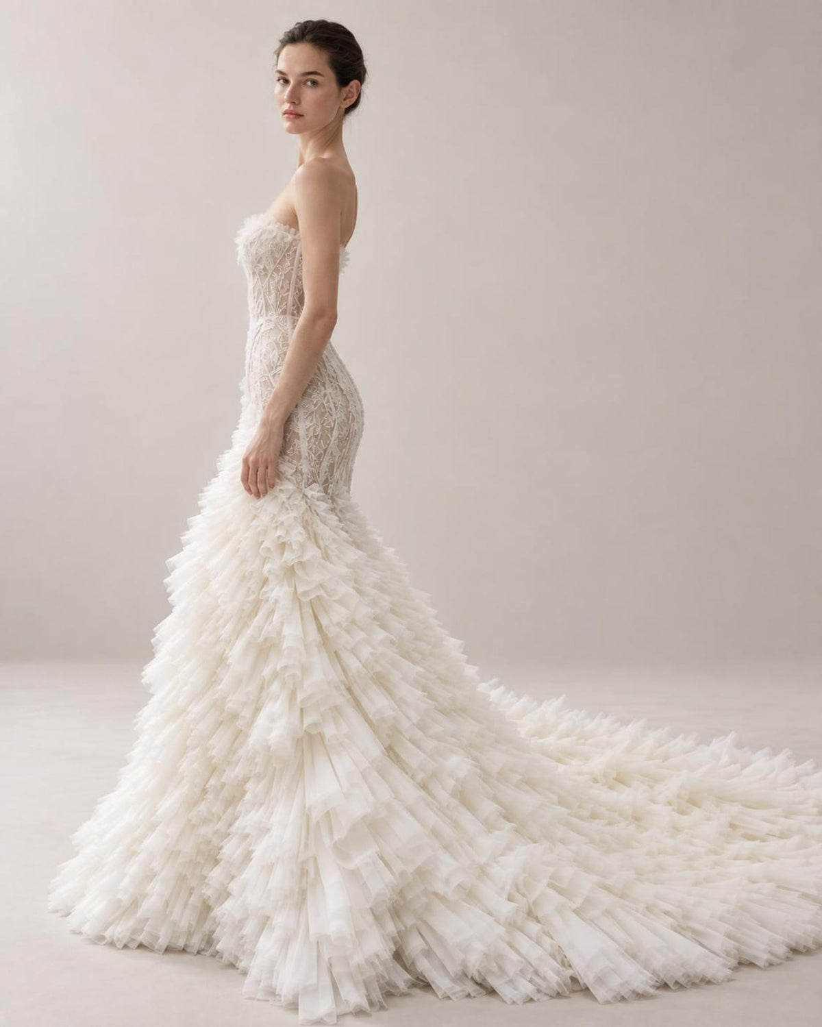 Strapless Sheer Beaded Lace Mermaid Wedding Gown, Ruffled Tulle Fitted Bridal Dress