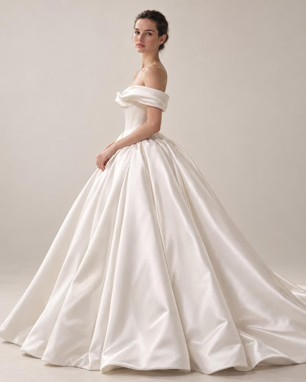 Off Shoulder Fold Satin Ball Gown Wedding Dress, Voluminous Luxury Satin Bridal Gown