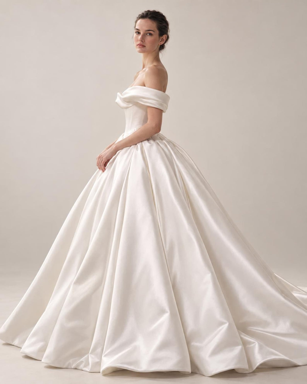 Off Shoulder Fold Satin Ball Gown Wedding Dress, Voluminous Luxury Satin Bridal Gown