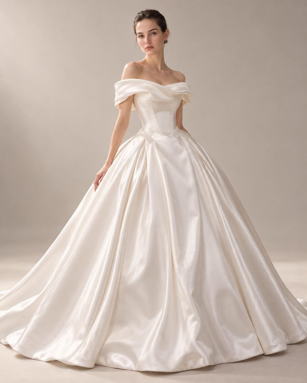 Off Shoulder Fold Satin Ball Gown Wedding Dress, Voluminous Luxury Satin Bridal Gown