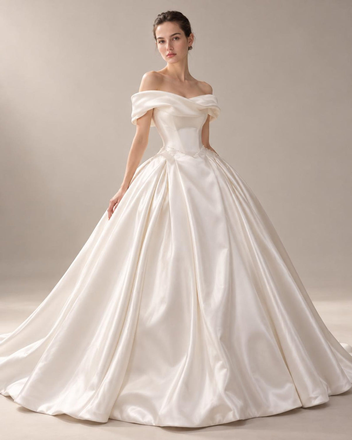 Off Shoulder Fold Satin Ball Gown Wedding Dress, Voluminous Luxury Satin Bridal Gown