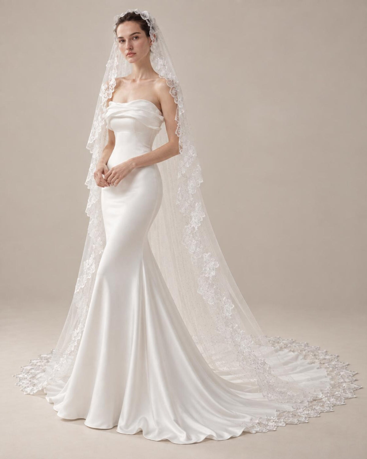 Draped Off Shoulder Mermaid Wedding Dress, Soft Satin Bridal Gown With Lace Beaded Veil