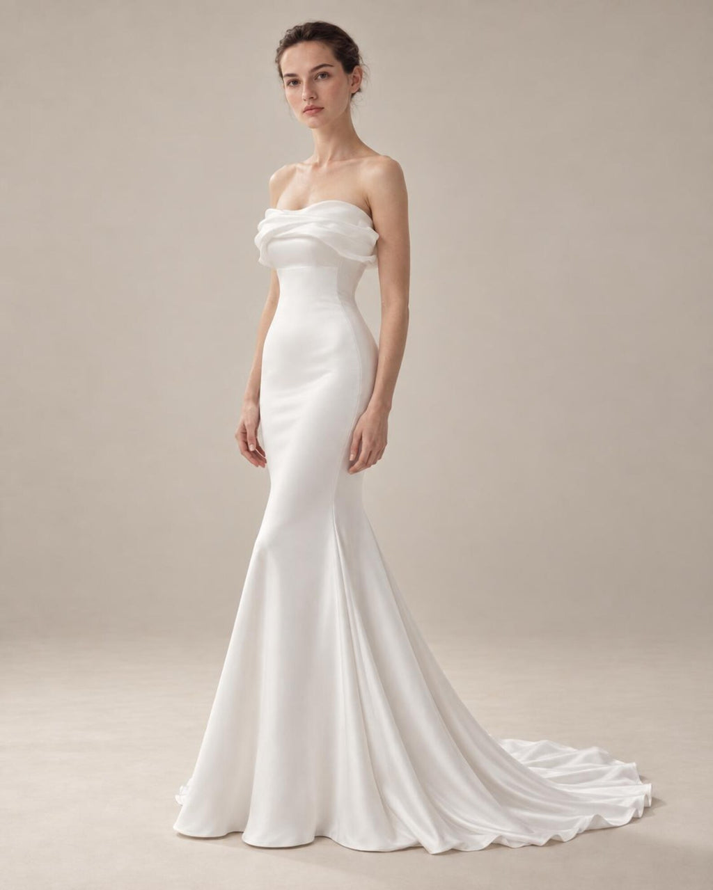 Draped Off Shoulder Mermaid Wedding Dress, Soft Satin Bridal Gown With Lace Beaded Veil