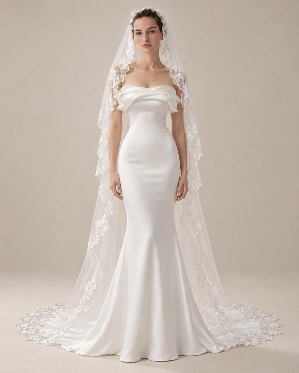 Draped Off Shoulder Mermaid Wedding Dress, Soft Satin Bridal Gown With Lace Beaded Veil