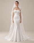 Draped Off Shoulder Mermaid Wedding Dress, Soft Satin Bridal Gown With Lace Beaded Veil