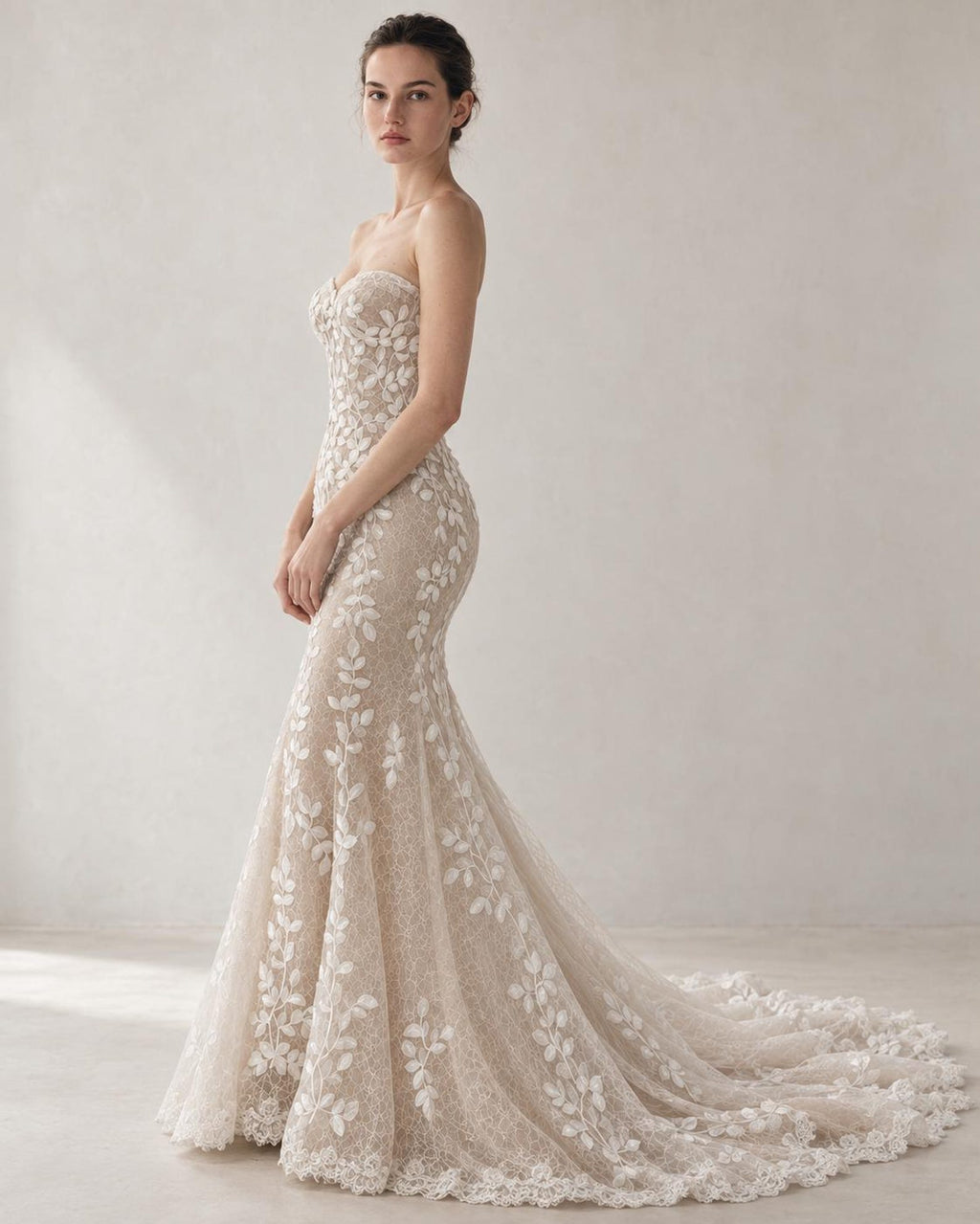 Sweetheart Strapless Mermaid Wedding Dress, 3D Leaf Lace Nude Tulle Bridal Gown With Train