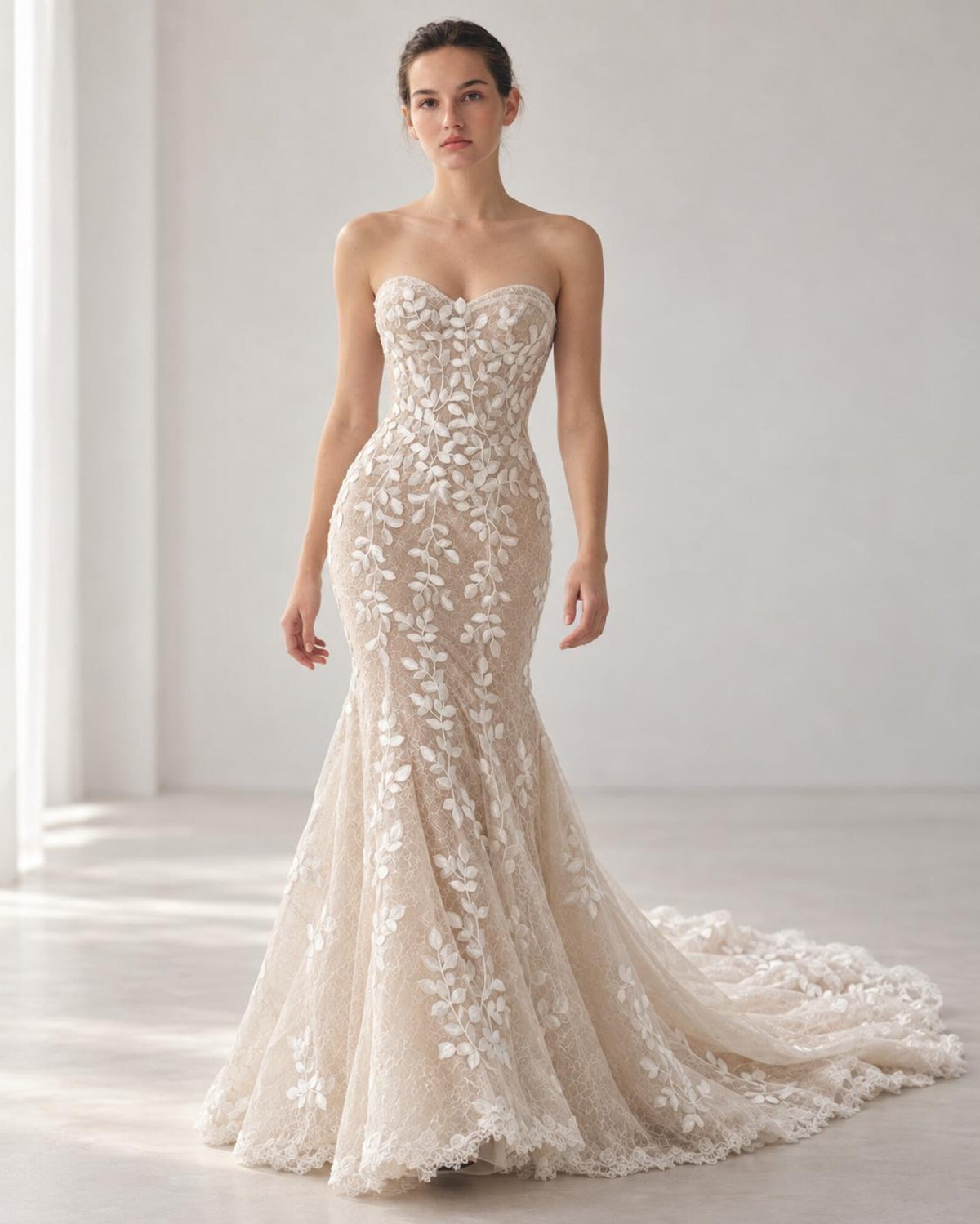 Sweetheart Strapless Mermaid Wedding Dress, 3D Leaf Lace Nude Tulle Bridal Gown With Train