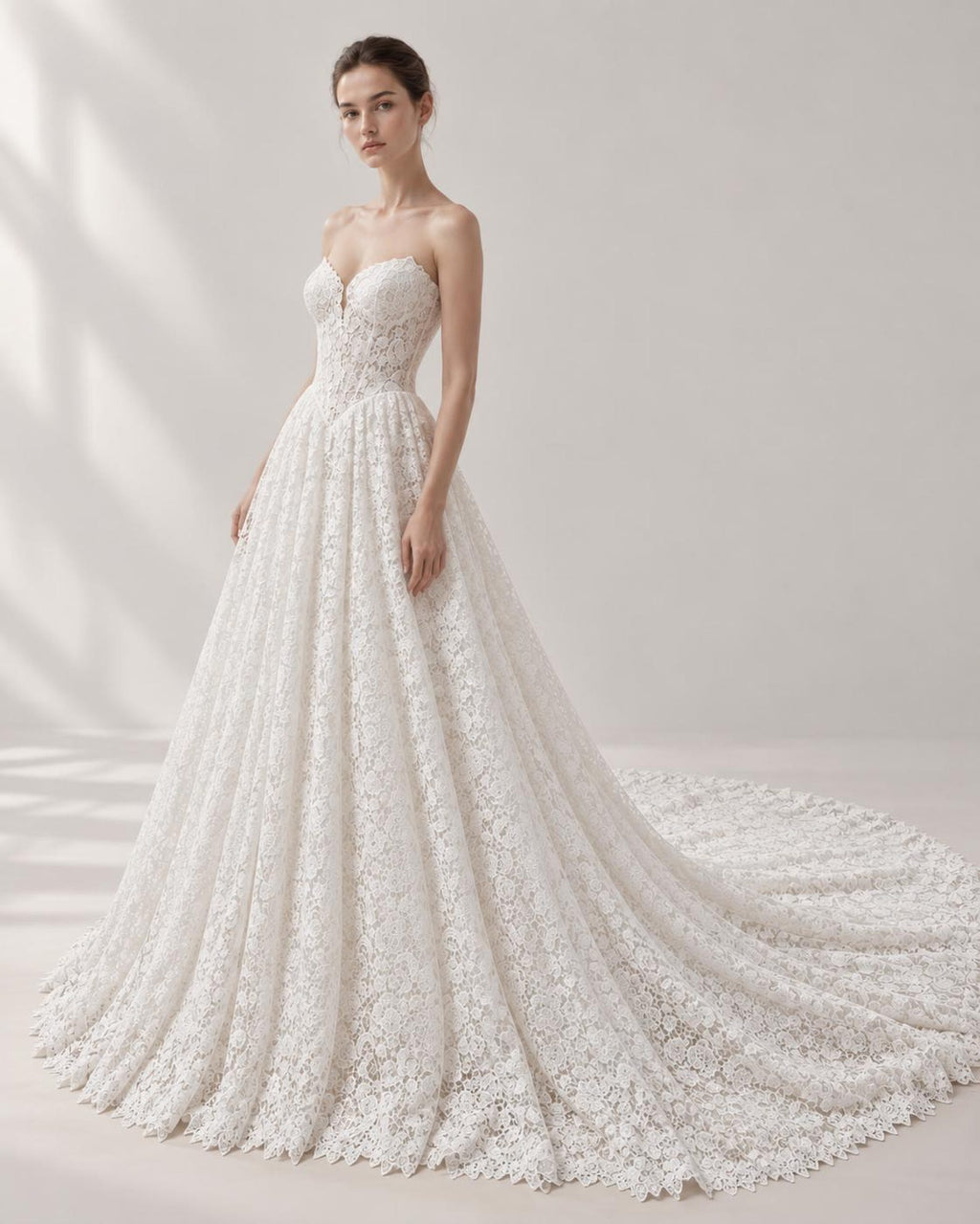 Sweetheart Strapless All Lace A-Line Wedding Dress, Full Lace Bridal Gown With Chapel Train