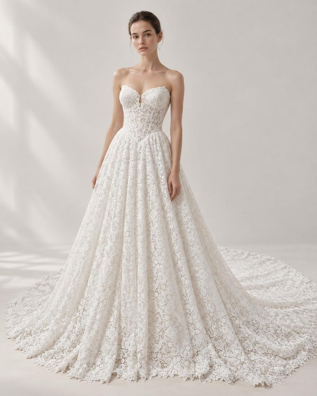 Sweetheart Strapless All Lace A-Line Wedding Dress, Full Lace Bridal Gown With Chapel Train