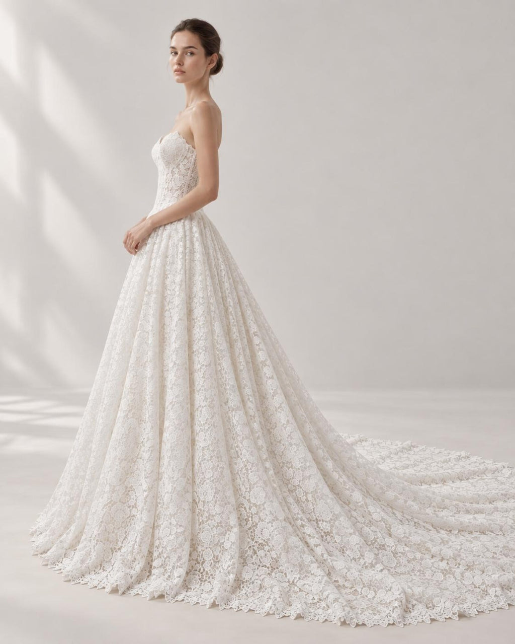 Sweetheart Strapless All Lace A-Line Wedding Dress, Full Lace Bridal Gown With Chapel Train