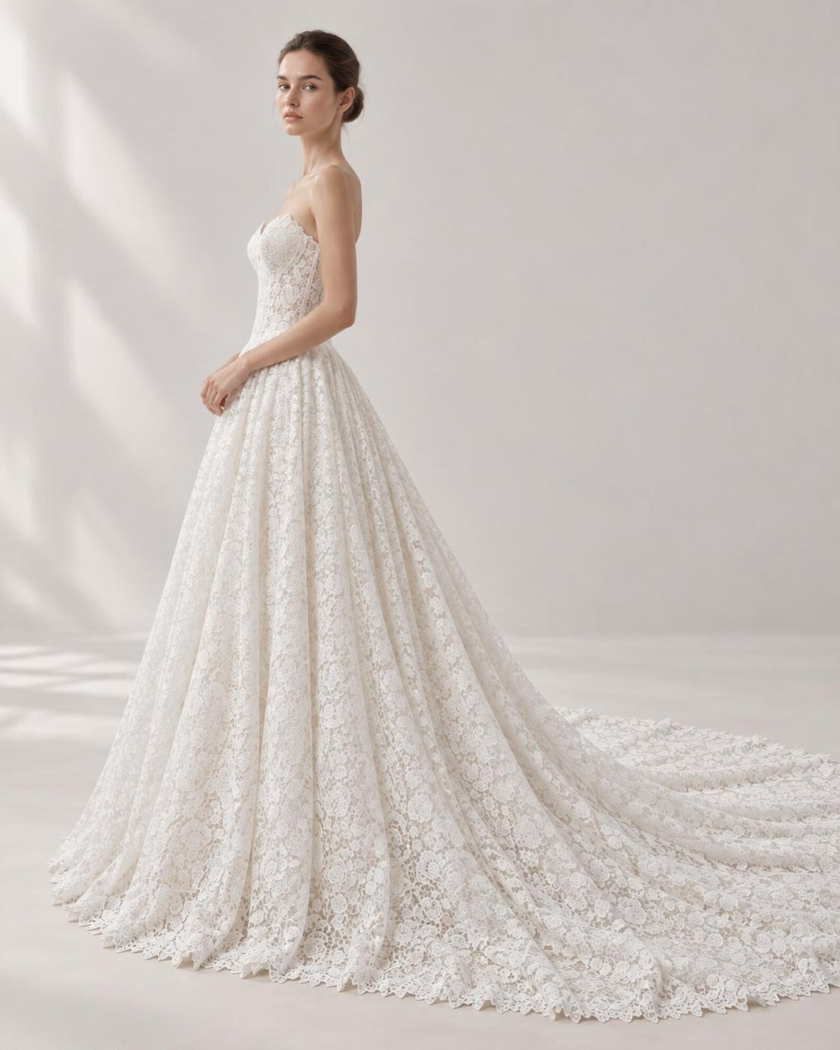 Sweetheart Strapless All Lace A-Line Wedding Dress, Full Lace Bridal Gown With Chapel Train