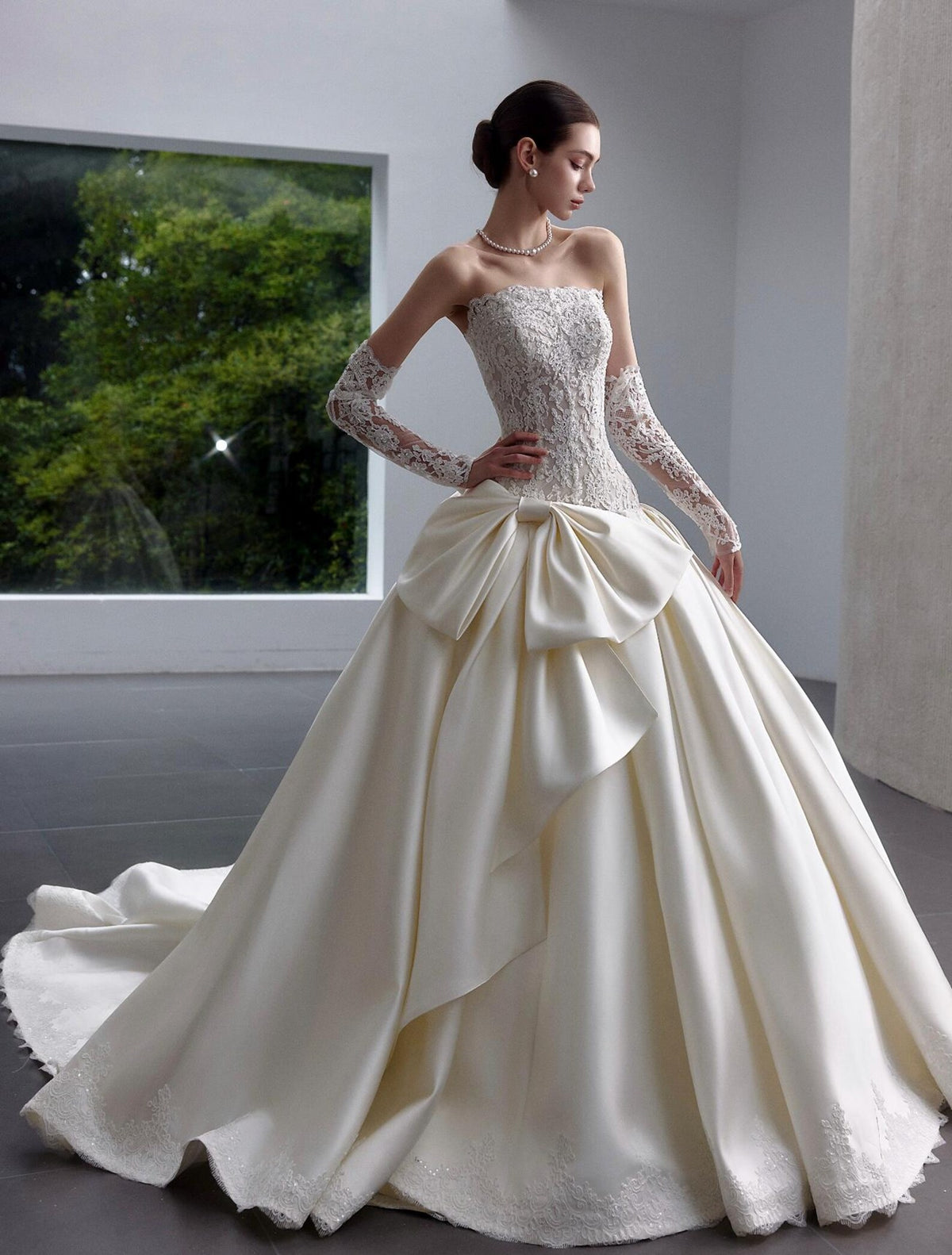 Strapless Lace Satin Ballgown Wedding Dress, Detachable Long Lace Sleeves, Big Bow Princess Bridal Gown, Vintage Cathedral Wedding Gown