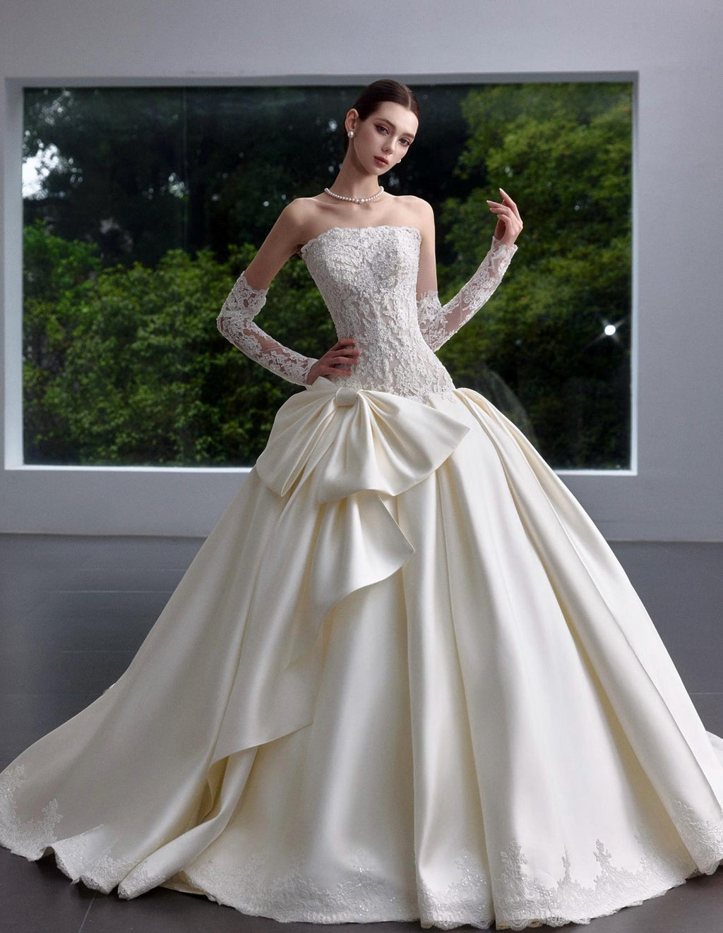 Strapless Lace Satin Ballgown Wedding Dress, Detachable Long Lace Sleeves, Big Bow Princess Bridal Gown, Vintage Cathedral Wedding Gown