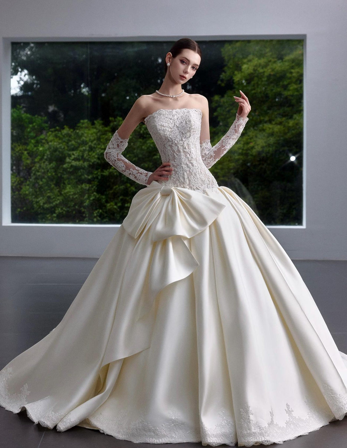 Strapless Lace Satin Ballgown Wedding Dress, Detachable Long Lace Sleeves, Big Bow Princess Bridal Gown, Vintage Cathedral Wedding Gown