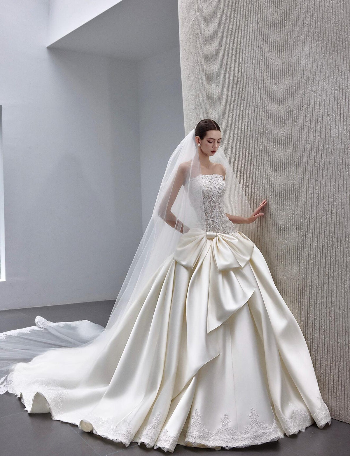 Strapless Lace Satin Ballgown Wedding Dress, Detachable Long Lace Sleeves, Big Bow Princess Bridal Gown, Vintage Cathedral Wedding Gown