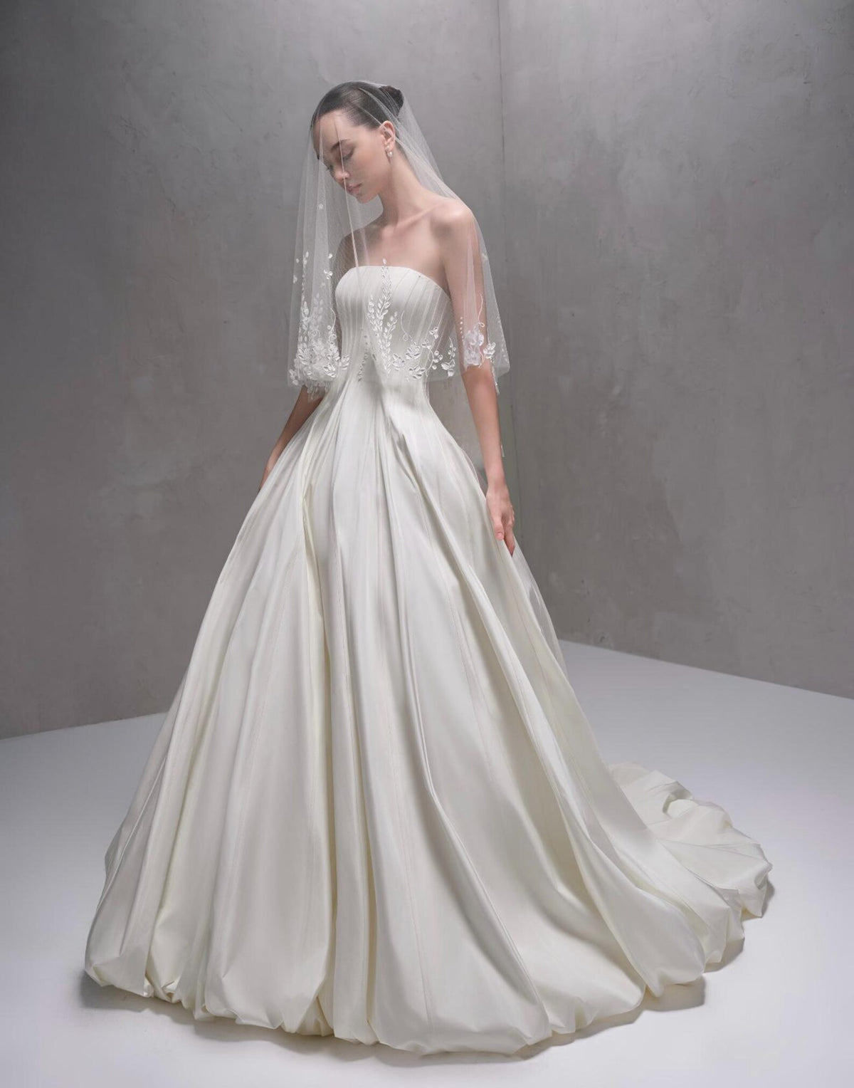 Minimalist Strapless Satin Ballgown Wedding Dress, Architectural Bandeau Corset Bridal Gown, Clean Modern Mikado Wedding Gown