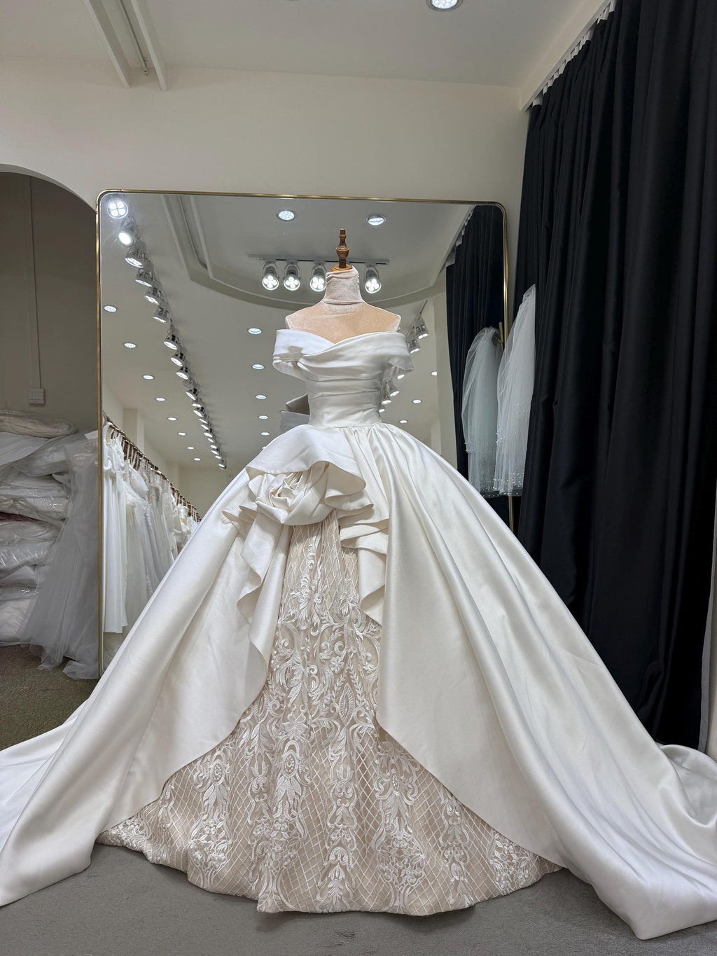 Off Shoulder Satin Wedding Dress with Lace Skirt, 3D Floral Ruffle Ballgown Bridal Gown with Long Train, Custom Wedding Gown