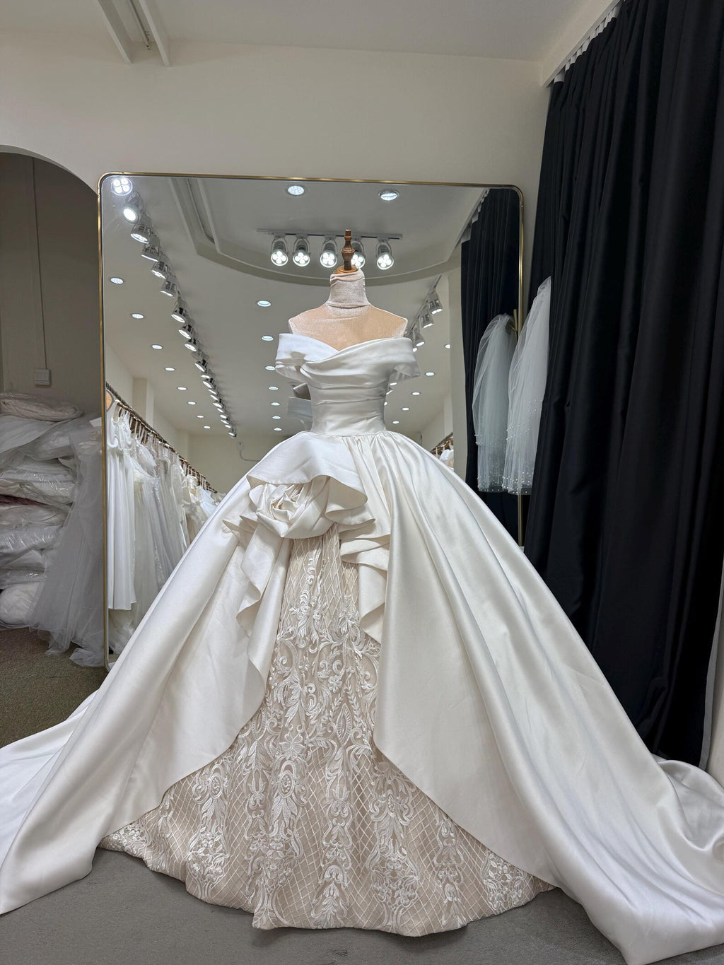 Off Shoulder Satin Wedding Dress with Lace Skirt, 3D Floral Ruffle Ballgown Bridal Gown with Long Train, Custom Wedding Gown