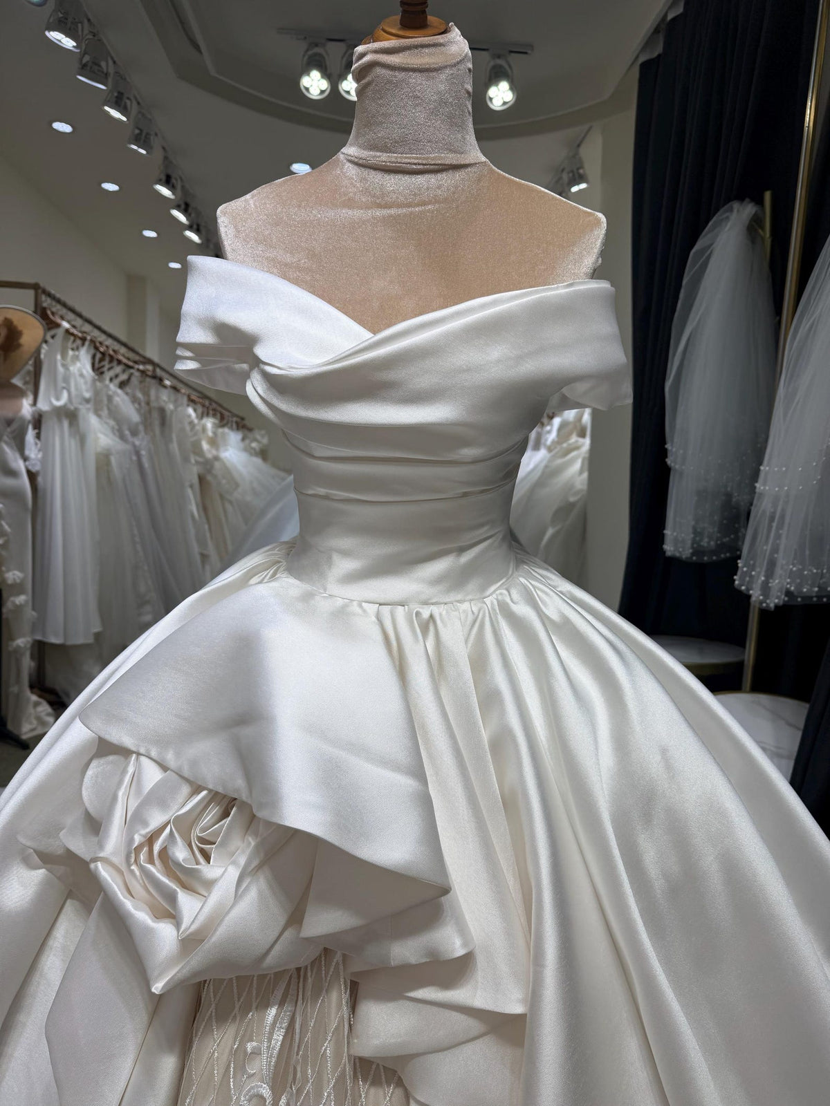 Off Shoulder Satin Wedding Dress with Lace Skirt, 3D Floral Ruffle Ballgown Bridal Gown with Long Train, Custom Wedding Gown
