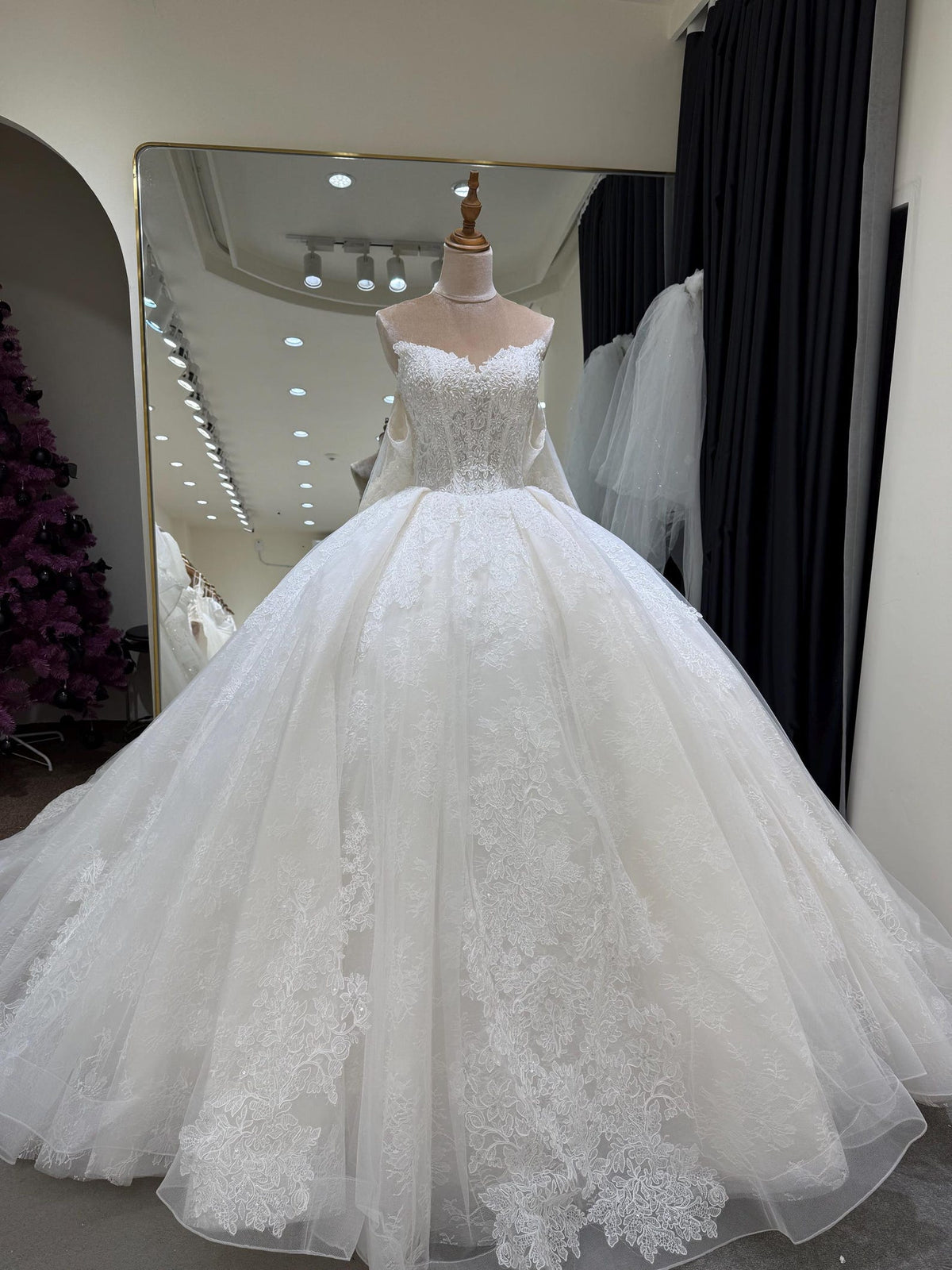Off Shoulder Satin Wedding Dress with Lace Skirt, 3D Floral Ruffle Ballgown Bridal Gown with Long Train, Custom Wedding Gown