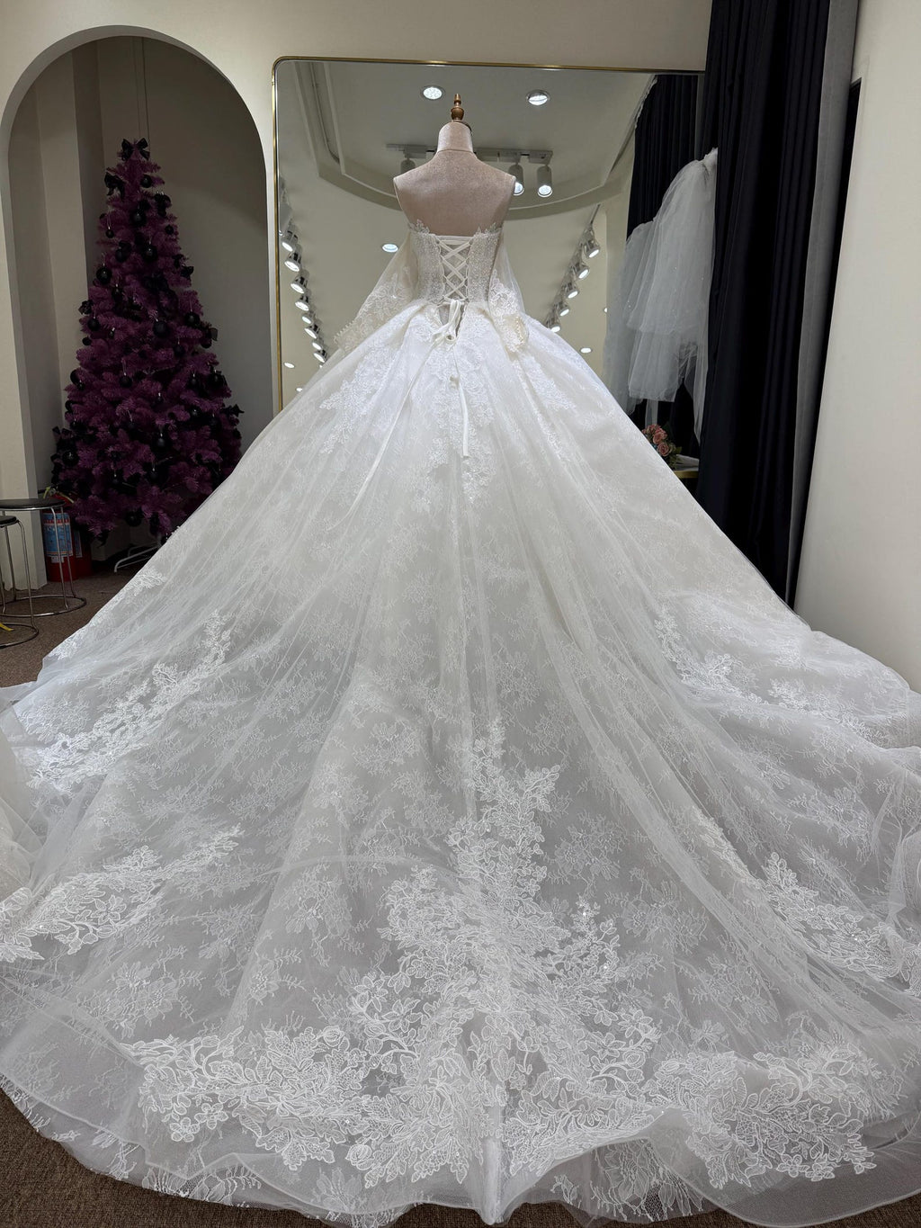 Off Shoulder Satin Wedding Dress with Lace Skirt, 3D Floral Ruffle Ballgown Bridal Gown with Long Train, Custom Wedding Gown
