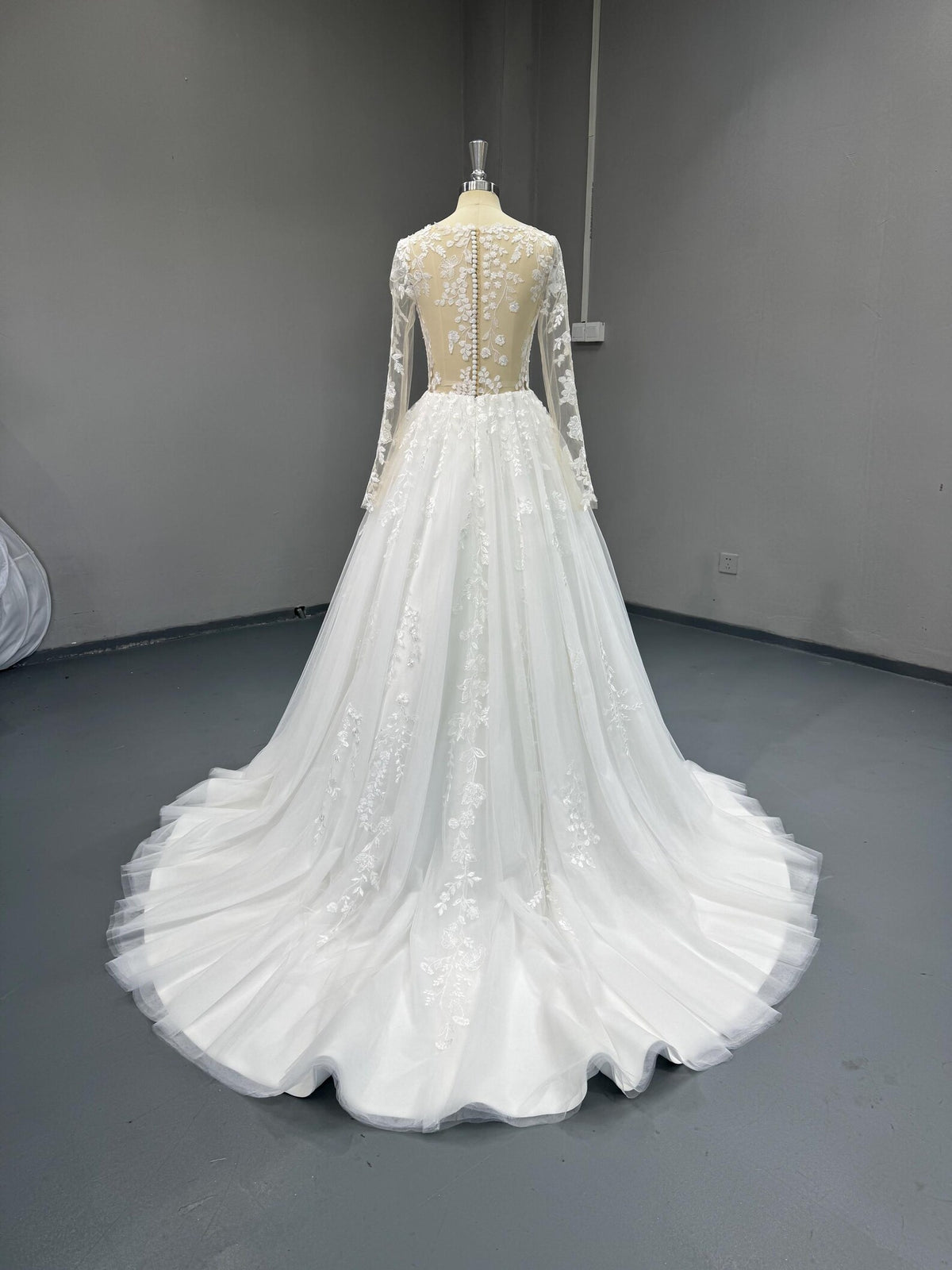 Long Sleeve Lace Ball Gown Wedding Dress, Illusion Neckline Bridal Gown, Floral Appliqué Tulle Wedding Gown, Custom Bridal Dress