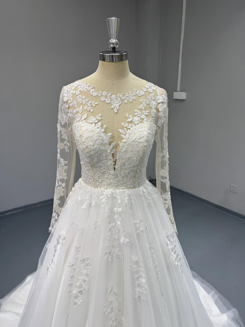 Long Sleeve Lace Ball Gown Wedding Dress, Illusion Neckline Bridal Gown, Floral Appliqué Tulle Wedding Gown, Custom Bridal Dress