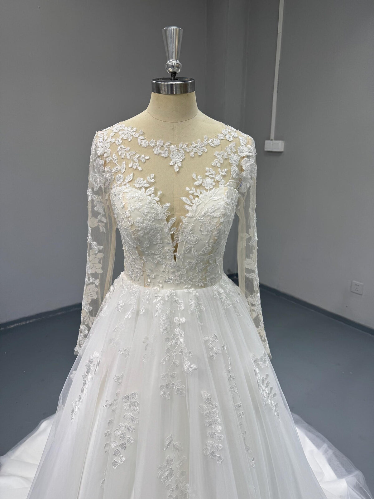 Long Sleeve Lace Ball Gown Wedding Dress, Illusion Neckline Bridal Gown, Floral Appliqué Tulle Wedding Gown, Custom Bridal Dress