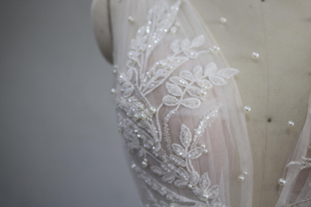 Deep V Neck A Line Wedding Dress, Lace Appliques Pearl Tulle Bridal Gown, Sleeveless Romantic Wedding Gown with Train
