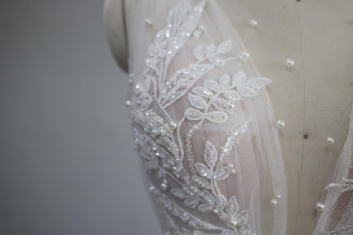 Deep V Neck A Line Wedding Dress, Lace Appliques Pearl Tulle Bridal Gown, Sleeveless Romantic Wedding Gown with Train