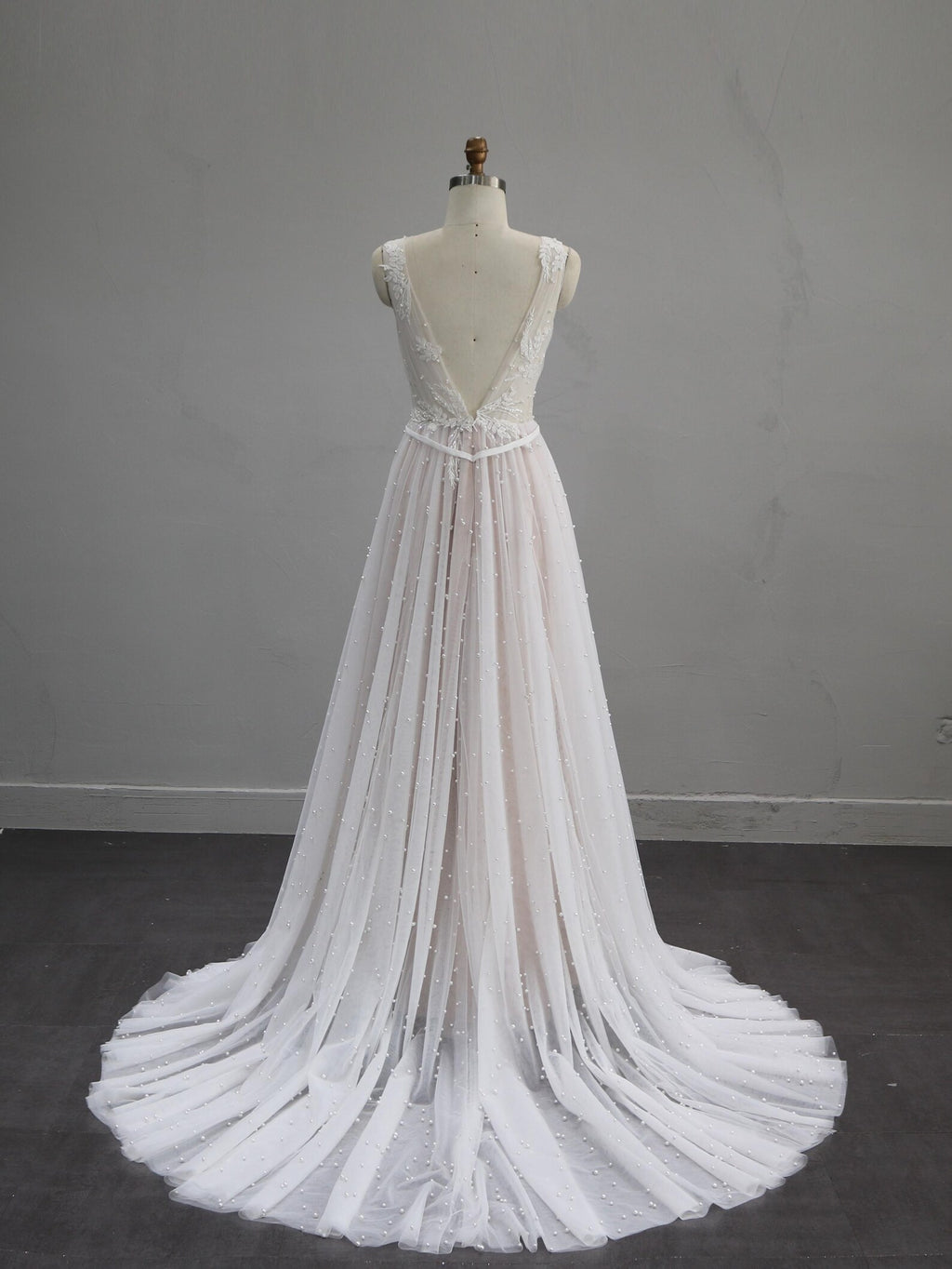 Deep V Neck A Line Wedding Dress, Lace Appliques Pearl Tulle Bridal Gown, Sleeveless Romantic Wedding Gown with Train