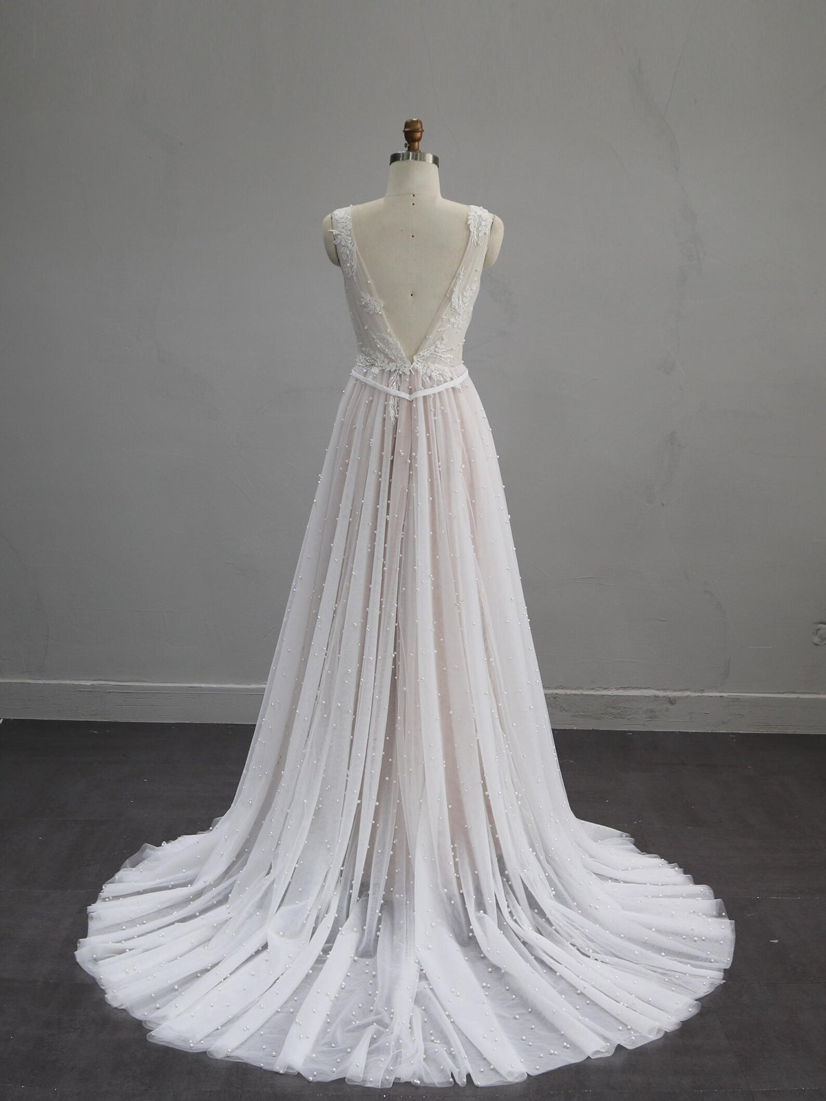Deep V Neck A Line Wedding Dress, Lace Appliques Pearl Tulle Bridal Gown, Sleeveless Romantic Wedding Gown with Train