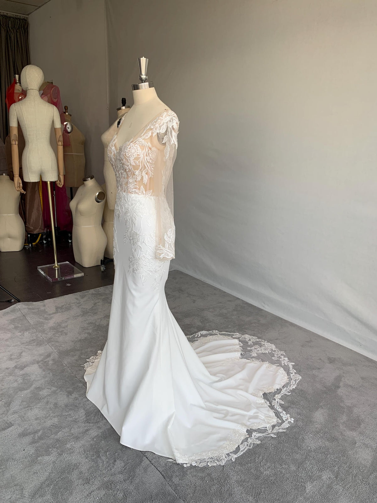 Illusion Long Sleeve Mermaid Wedding Dress, V Neck Lace Crepe Bridal Gown, Romantic Lace Applique Wedding Dress with Lace Train