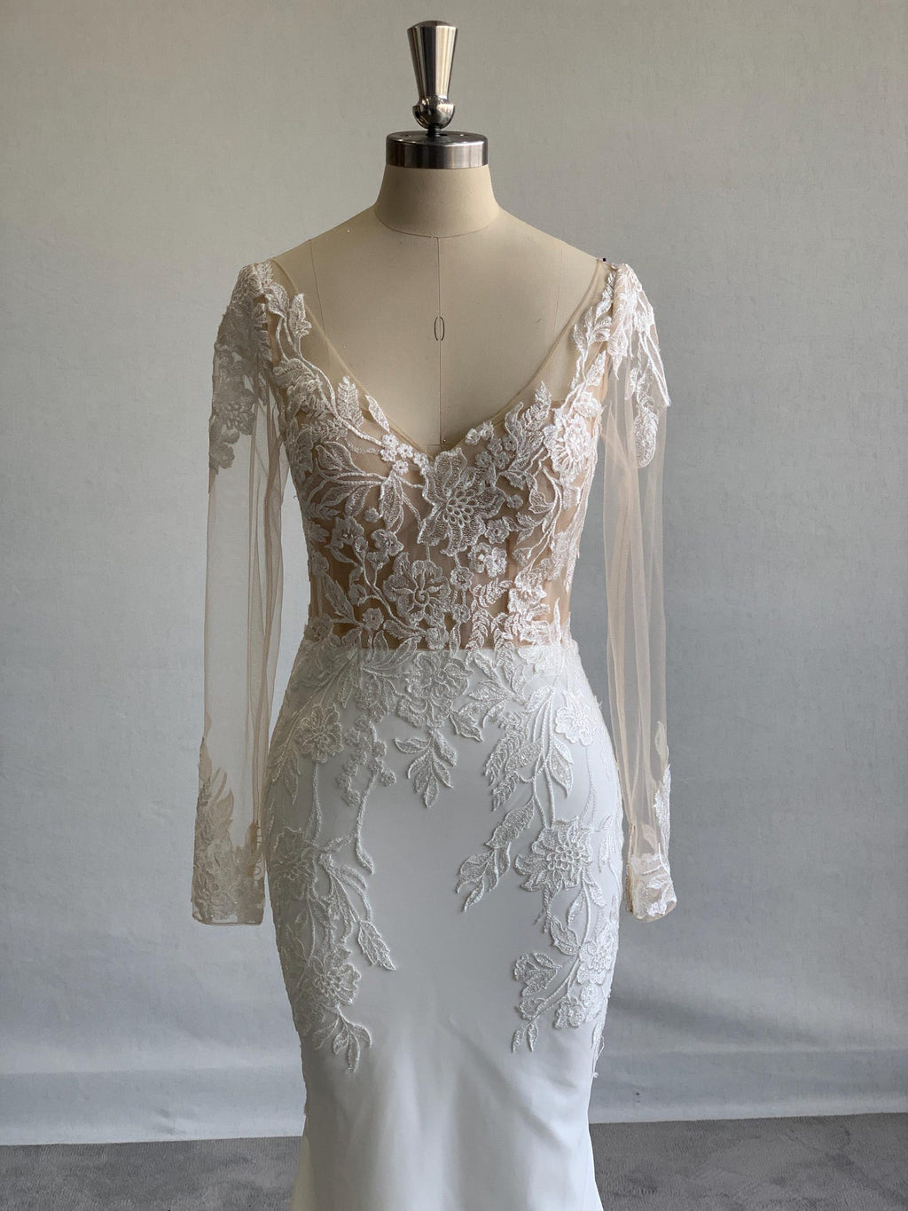 Illusion Long Sleeve Mermaid Wedding Dress, V Neck Lace Crepe Bridal Gown, Romantic Lace Applique Wedding Dress with Lace Train