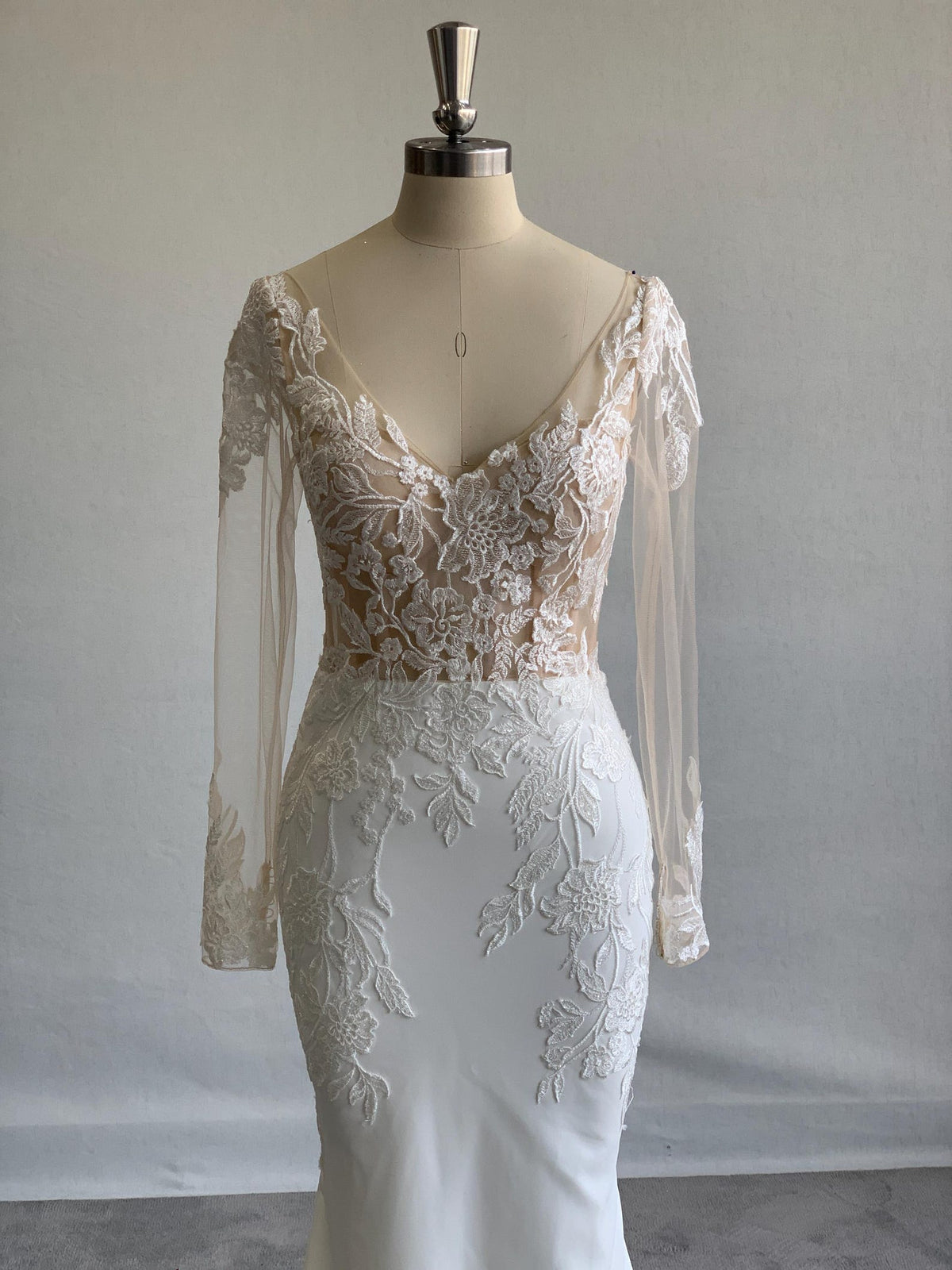 Illusion Long Sleeve Mermaid Wedding Dress, V Neck Lace Crepe Bridal Gown, Romantic Lace Applique Wedding Dress with Lace Train
