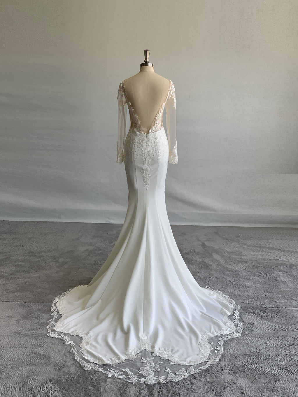 Illusion Long Sleeve Mermaid Wedding Dress, V Neck Lace Crepe Bridal Gown, Romantic Lace Applique Wedding Dress with Lace Train