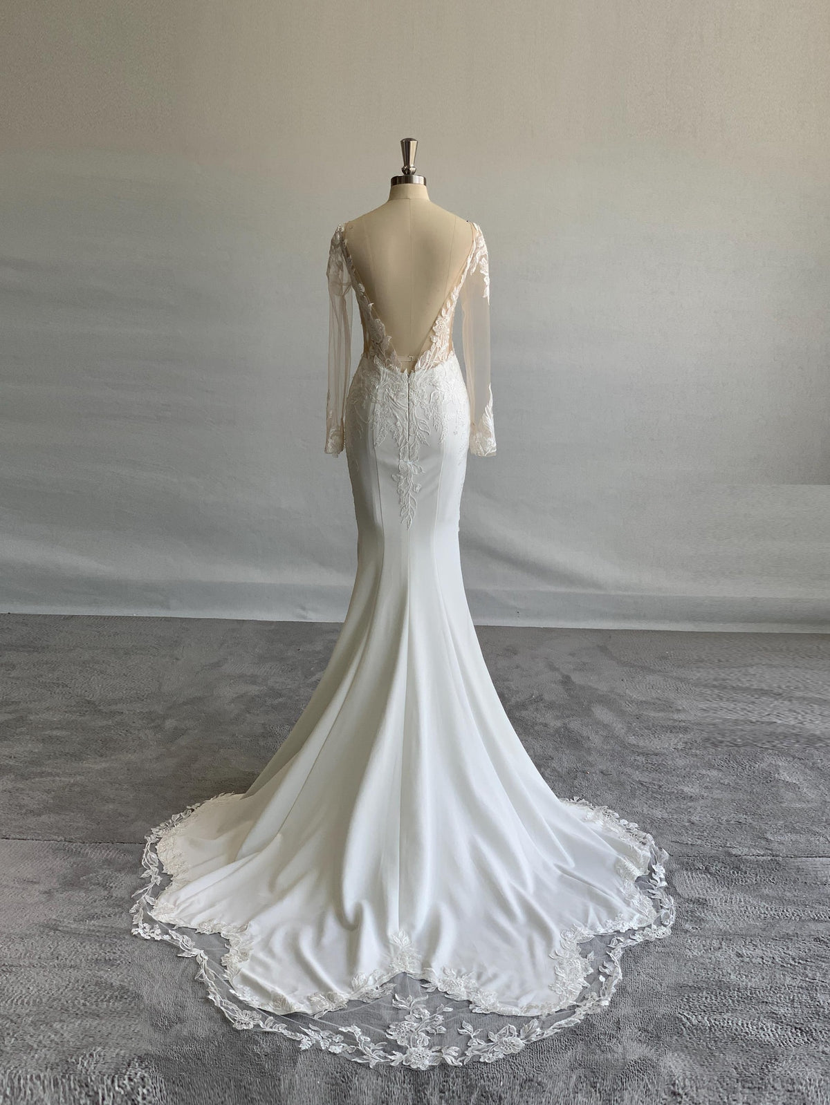 Illusion Long Sleeve Mermaid Wedding Dress, V Neck Lace Crepe Bridal Gown, Romantic Lace Applique Wedding Dress with Lace Train