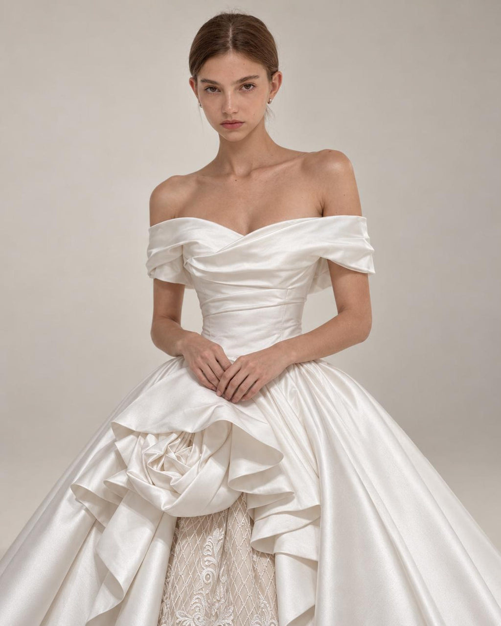 Off Shoulder Satin Wedding Dress with Lace Skirt, 3D Floral Ruffle Ballgown Bridal Gown with Long Train, Custom Wedding Gown