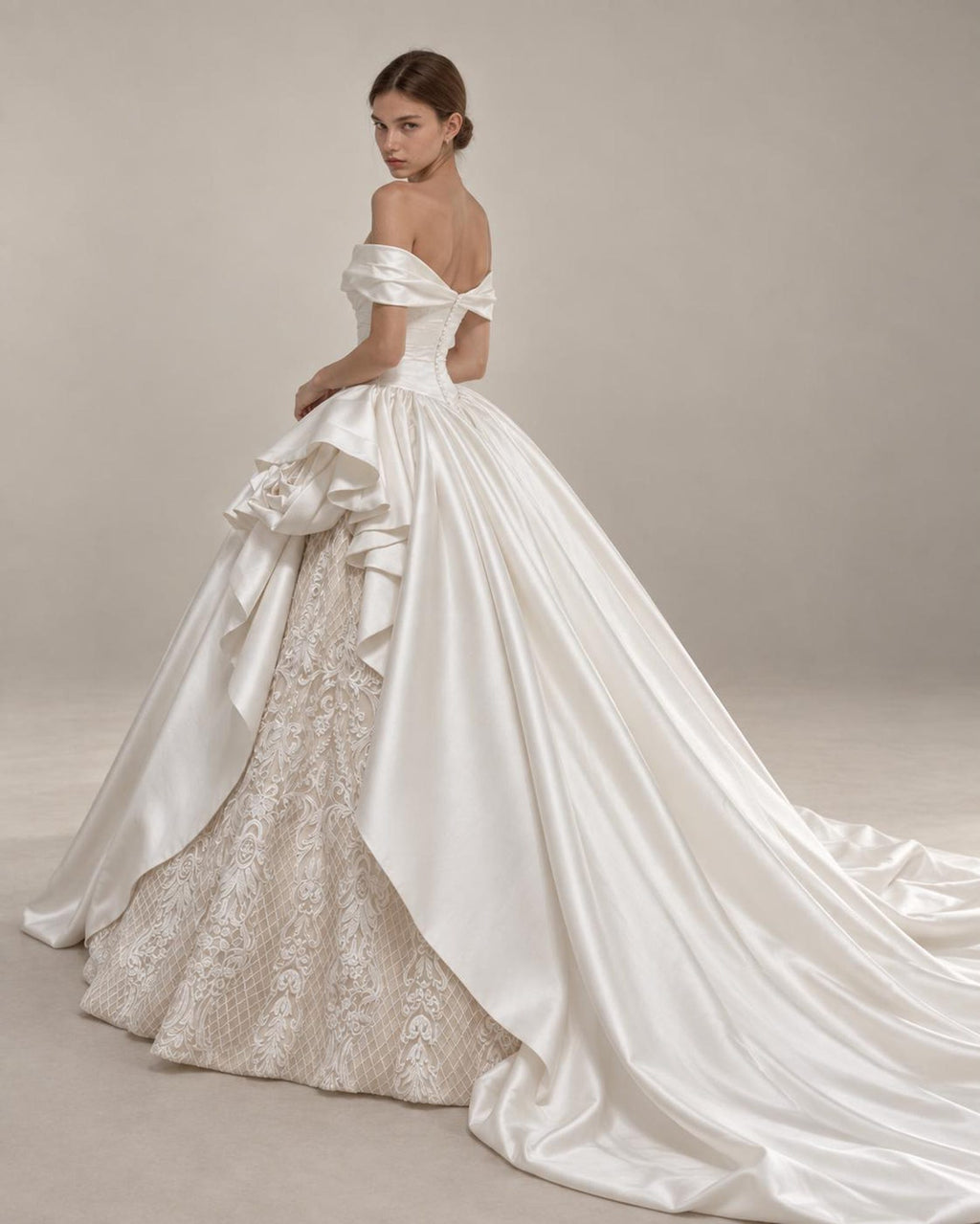 Off Shoulder Satin Wedding Dress with Lace Skirt, 3D Floral Ruffle Ballgown Bridal Gown with Long Train, Custom Wedding Gown