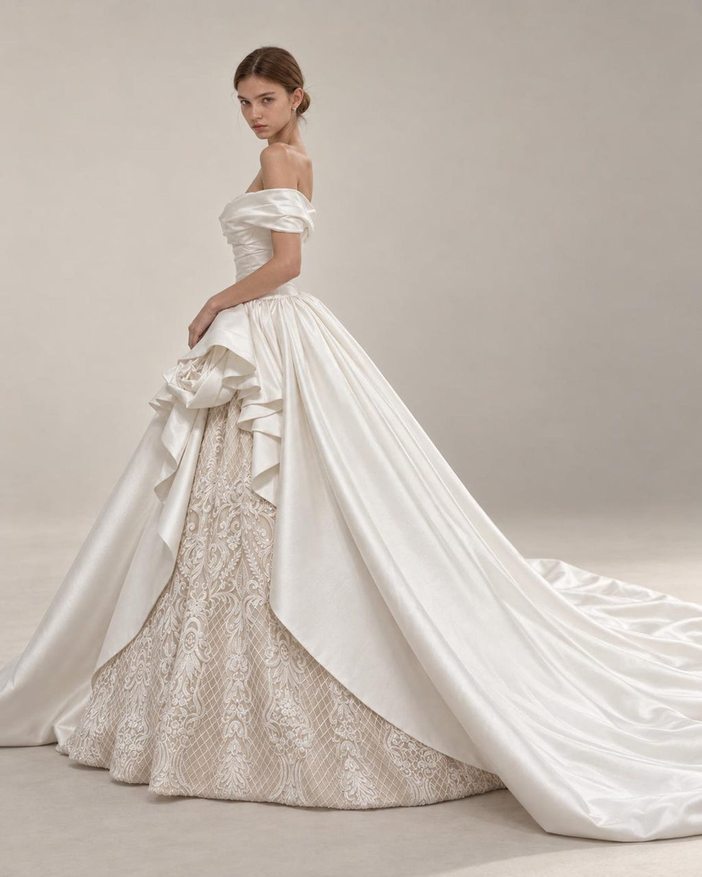 Off Shoulder Satin Wedding Dress with Lace Skirt, 3D Floral Ruffle Ballgown Bridal Gown with Long Train, Custom Wedding Gown
