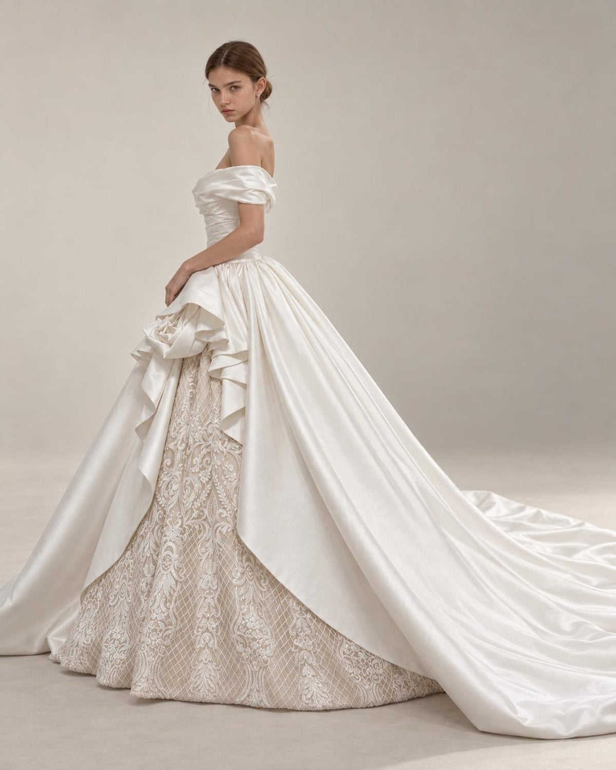 Off Shoulder Satin Wedding Dress with Lace Skirt, 3D Floral Ruffle Ballgown Bridal Gown with Long Train, Custom Wedding Gown