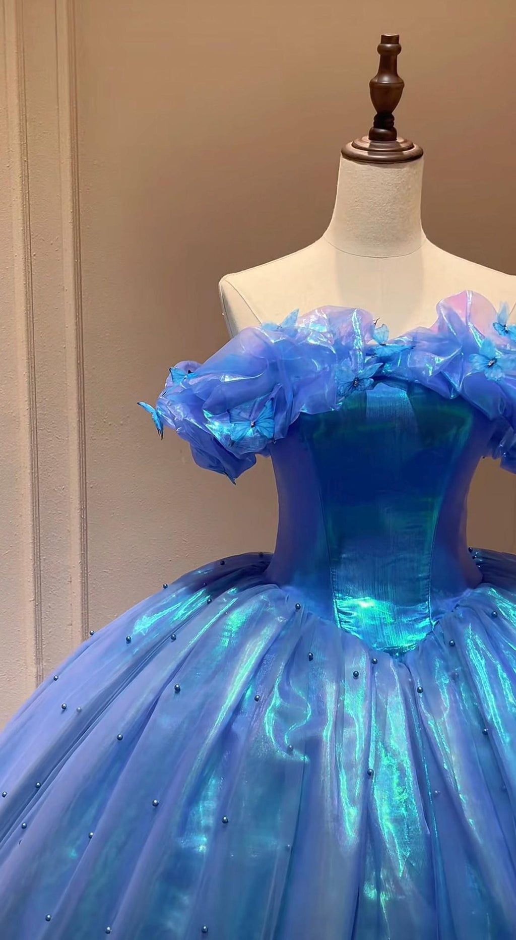 Iridescent Blue Cinderella Ballgown, Off Shoulder Butterfly Tulle Princess Gown, Quinceañera Prom Birthday Dress