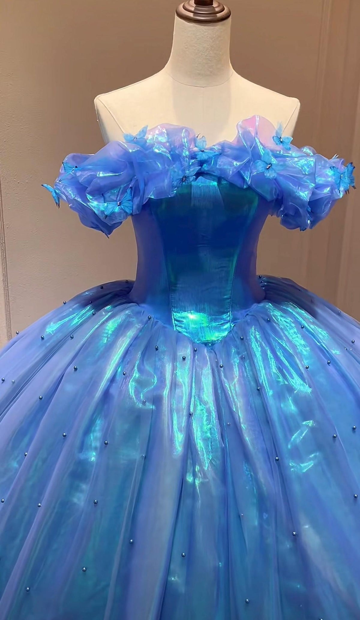 Iridescent Blue Cinderella Ballgown, Off Shoulder Butterfly Tulle Princess Gown, Quinceañera Prom Birthday Dress