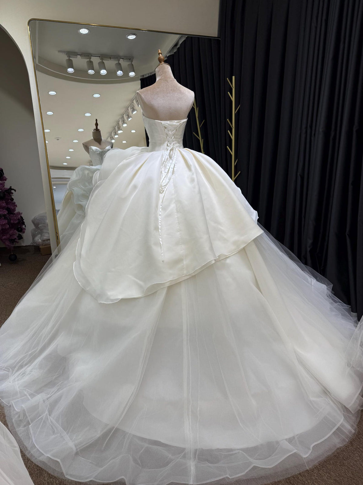 Strapless Lace Corset Ballgown Wedding Dress, 3D Floral Organza Bridal Gown, Voluminous Princess Wedding Dress