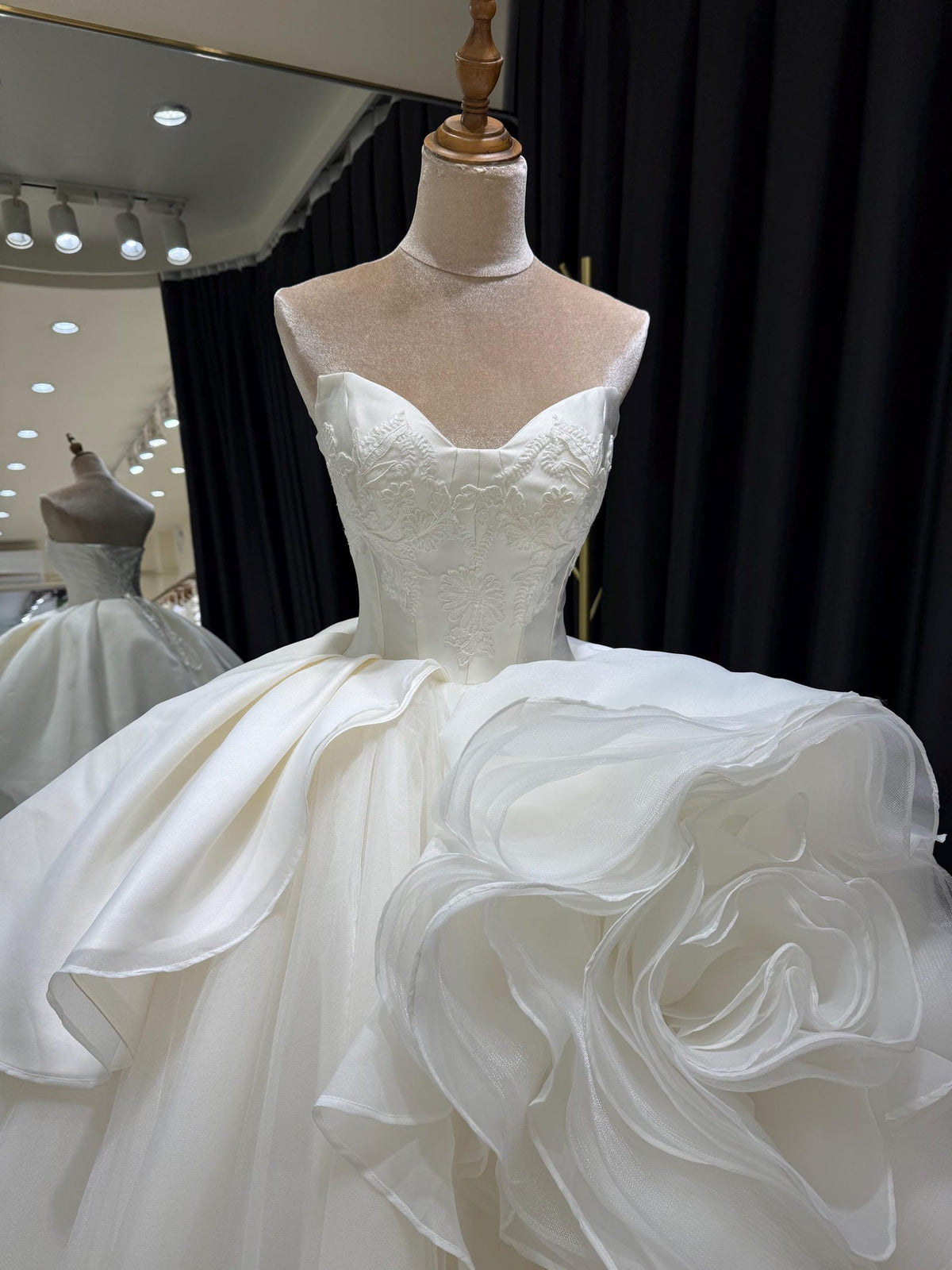 Strapless Lace Corset Ballgown Wedding Dress, 3D Floral Organza Bridal Gown, Voluminous Princess Wedding Dress